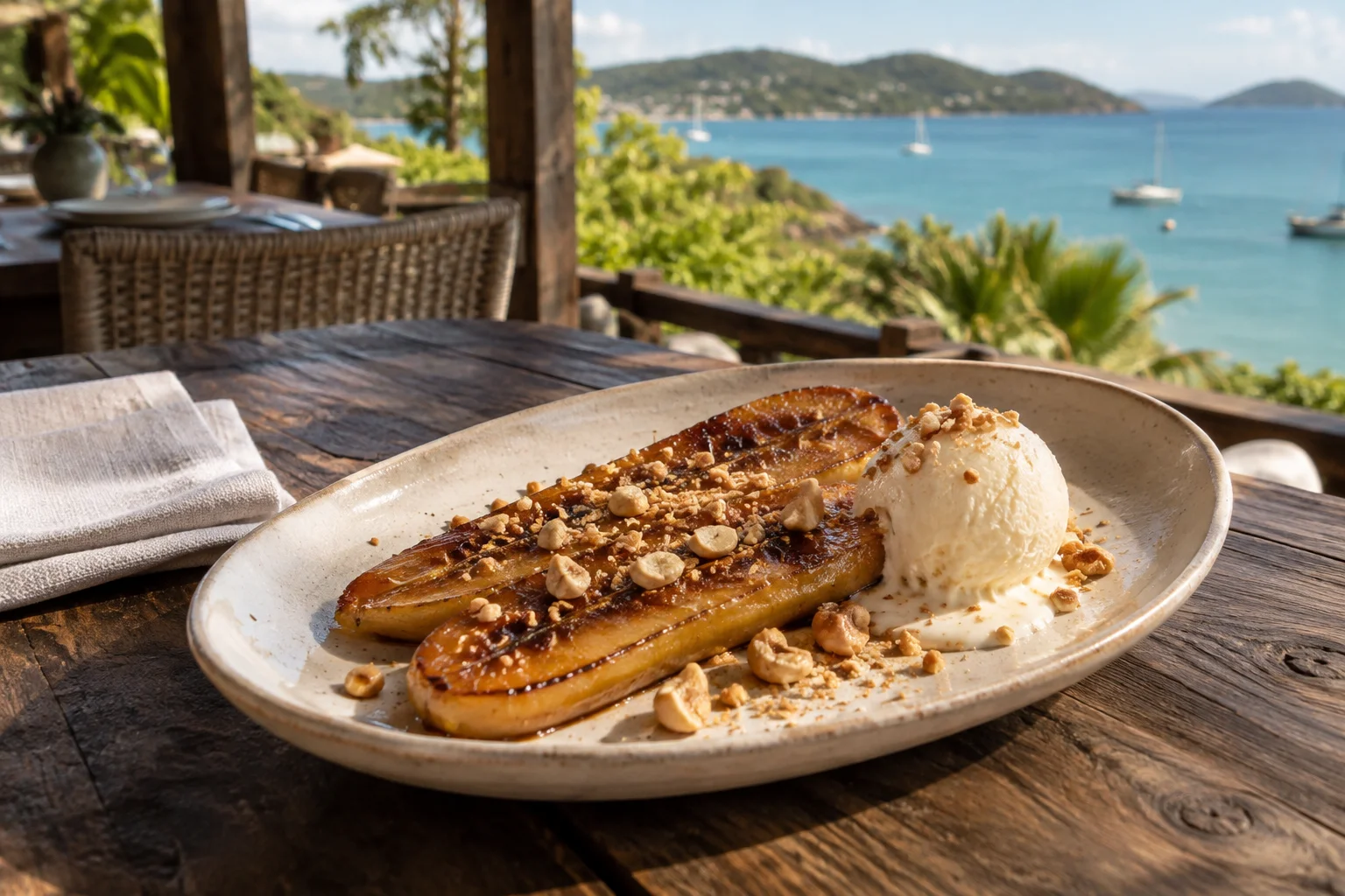 Banana grelhada com sorvete e castanha-de-caju