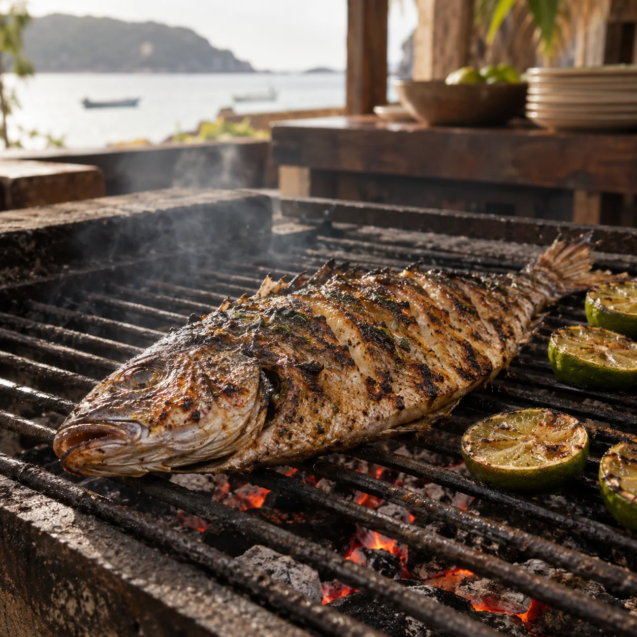 Peixe inteiro dourando na grelha sobre a brasa
