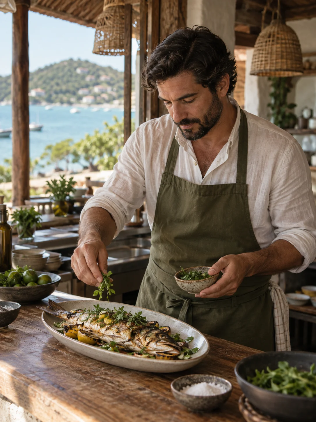 Na cozinha, o peixe recebe ervas frescas antes de ir à mesa