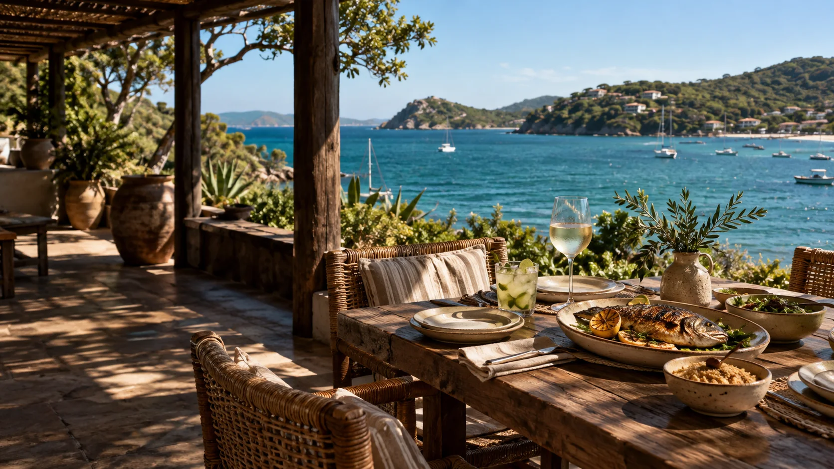 Mesa posta com peixe na brasa diante do mar de Búzios