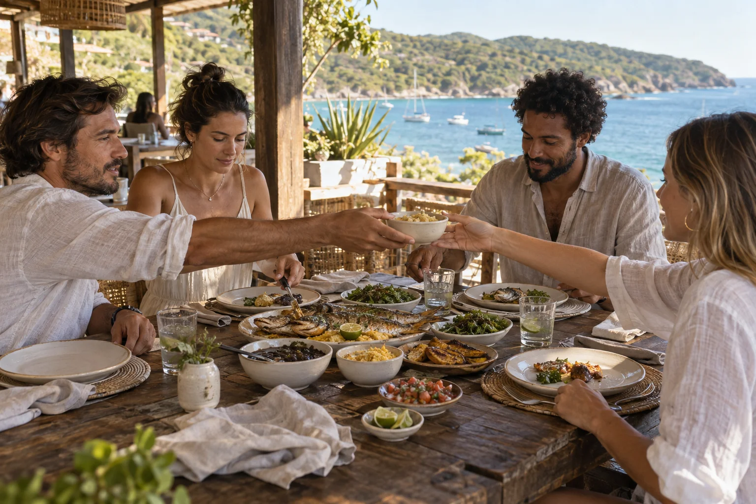 Quatro amigos compartilhando peixe e acompanhamentos