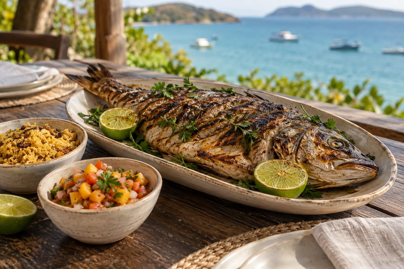 Peixe na brasa com farofa de banana e vinagrete de caju